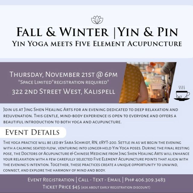 IT’S BAAAAACK but only for the Fall & Winter season - YIN & PIN!!! Join us, November 21st @ 6pm at Jing Shen Healing Arts for this wonderful combination of practices!!! 

Regular price tickets are $45 - sign up before November 9th and SAVE $20! 

Don’t miss out!! **DM to connect about registration**