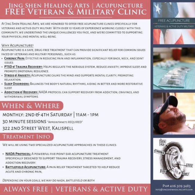 📢 Free Acupuncture Clinics for Veterans & Active-Duty Military! 🇺🇸

THIS SATURDAY!!! Dedicated exclusively to veterans and active-duty military. With over 10 years of experience working alongside this community, we’re here to support your journey to physical and mental well-being.

When & Where:
🗓 2nd & 4th Saturdays, 11 AM - 1 PM (Starting in November)
📍 322 2nd Street West, Kalispell
💆‍♂️ 30-minute sessions available
📲 Appointments required

📞 To schedule your appointment, call 406-309-3483
📧 Email: info@jingshenhealingarts.com

Join us and help spread the word to fellow veterans and active-duty military in Kalispell and Flathead Valley!!